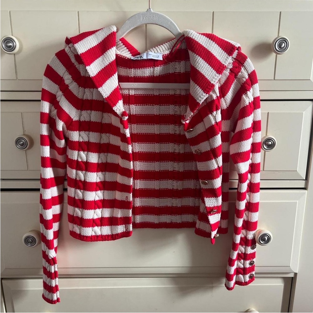 Zara Red and White Striped Knit Cardigan